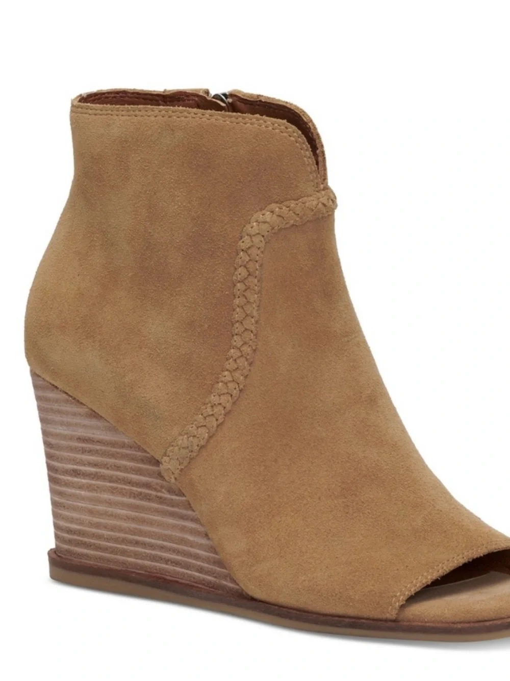 Lucky Brand Lureli Suede Wedge Peep-Toe Ankle Bootie Sz 7 bohemian wedge chic